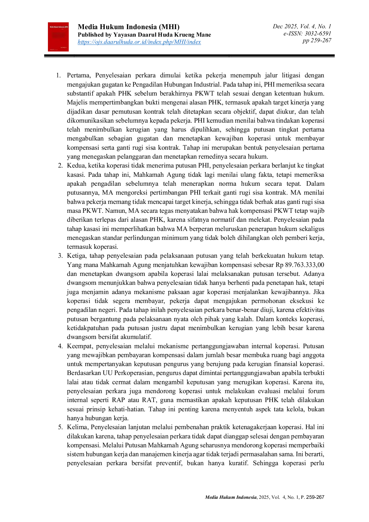 JURIS Pertanggungjawaban Koperasi Dalam Pemutusan Hubungan Kerja Anggota Studi Kasus Putusan MA No 361 K Pdt Sus PHI 2024