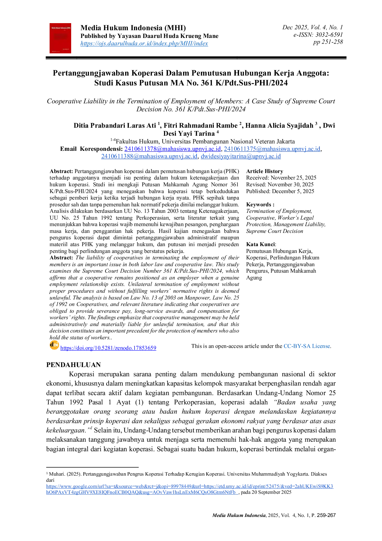 JURIS Pertanggungjawaban Koperasi Dalam Pemutusan Hubungan Kerja Anggota Studi Kasus Putusan MA No 361 K Pdt Sus PHI 2024