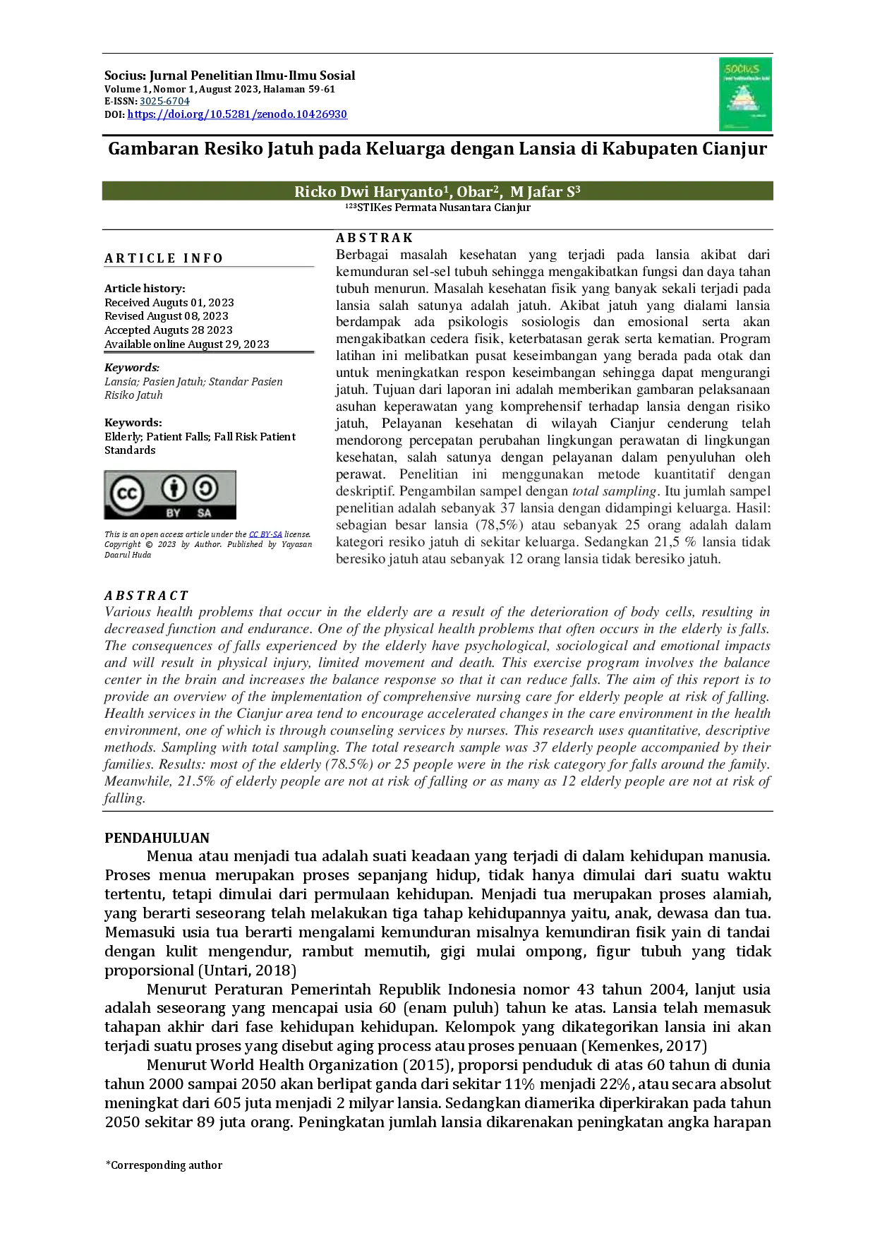 juris Gambaran Resiko Jatuh pada Keluarga dengan Lansia di Kabupaten Cianjur