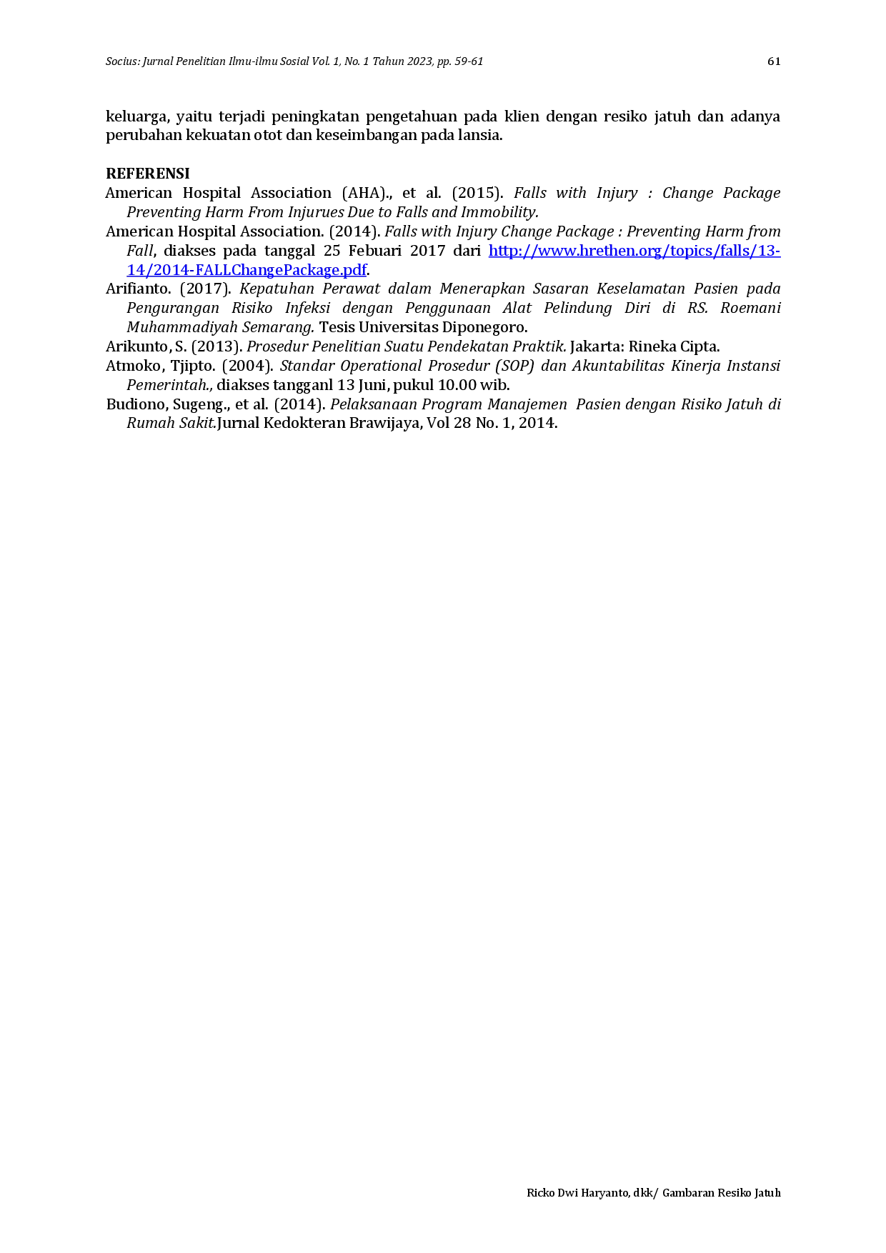 JURIS Gambaran Resiko Jatuh pada Keluarga dengan Lansia di Kabupaten Cianjur
