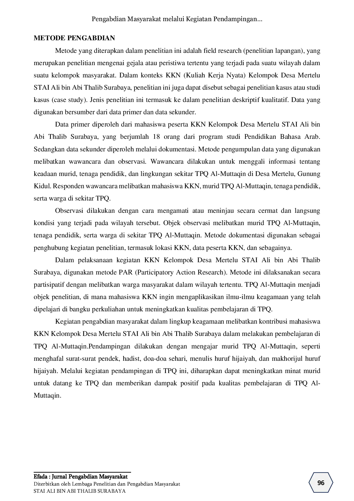 JURIS Pengabdian Masyarakat Melalui Kegiatan Pendampingan TPQ di Masjid AlMuttaqin Desa Mertelu Gunung Kidul