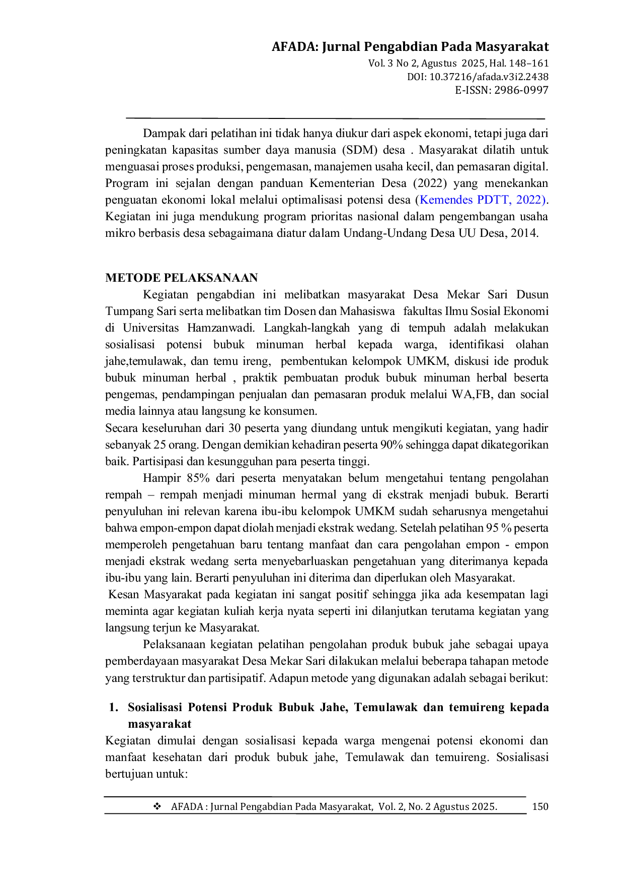 JURIS Pelatihan Pengolahan Produk Jahe Temulawak dan Temuireng Sebagai Upaya Pemberdayan Masyarakat Desa Mekar Sari