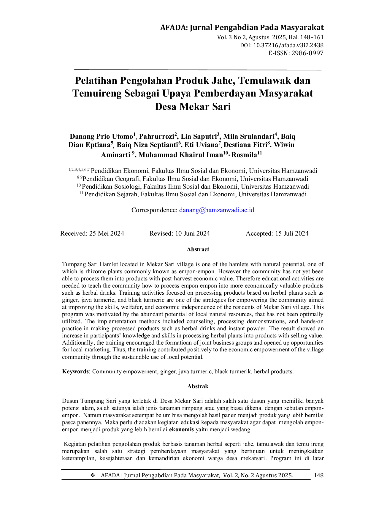 JURIS Pelatihan Pengolahan Produk Jahe Temulawak dan Temuireng Sebagai Upaya Pemberdayan Masyarakat Desa Mekar Sari