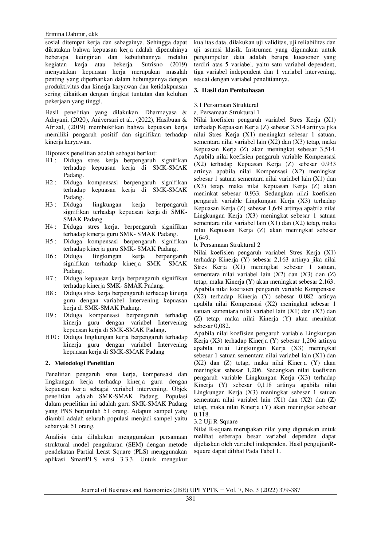 JURIS Pengaruh Stres Kerja Kompensasi dan Lingkungan Kerja terhadap Kinerja Guru dengan Kepuasan Kerja sebagai Variabel Intervening