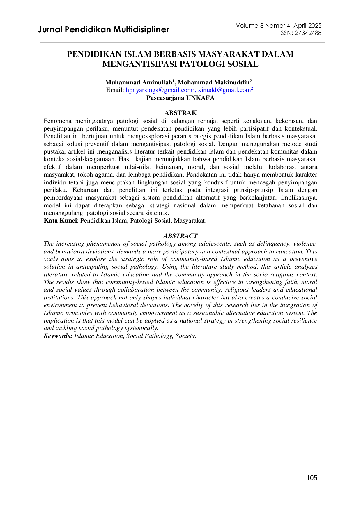 JURIS Pendidikan Islam Berbasis Masyarakat Dalam Mengantisipasi Patologi Sosial