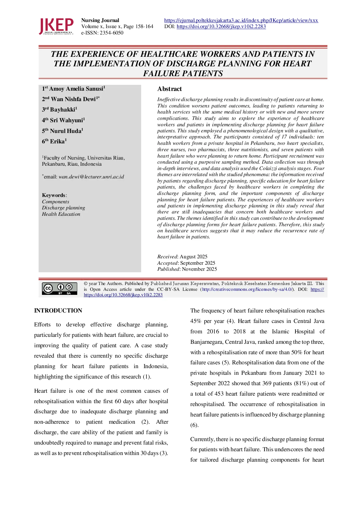 juris THE EXPERIENCE OF HEALTHCARE WORKERS AND PATIENTS IN THE IMPLEMENTATION OF DISCHARGE PLANNING FOR HEART FAILURE PATIENTS