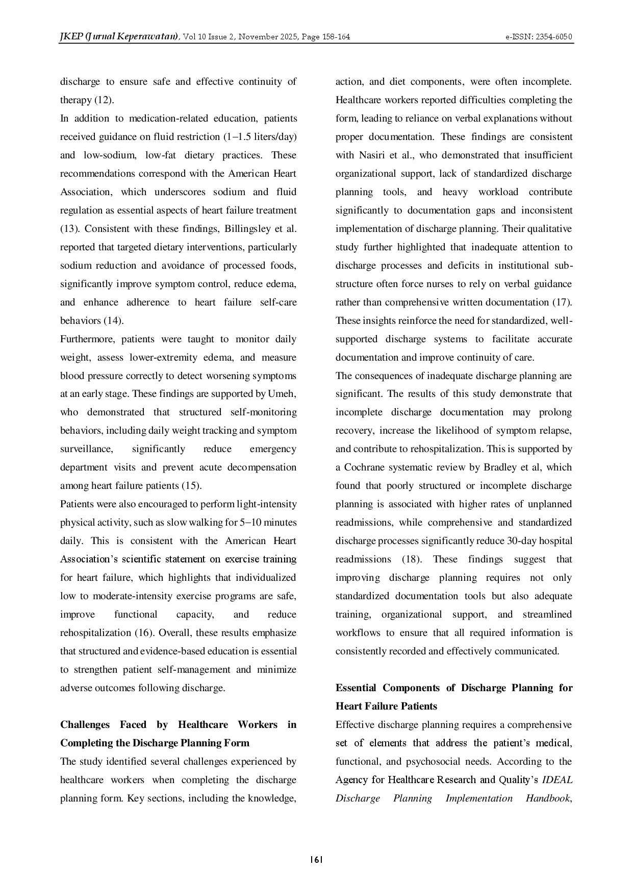 juris THE EXPERIENCE OF HEALTHCARE WORKERS AND PATIENTS IN THE IMPLEMENTATION OF DISCHARGE PLANNING FOR HEART FAILURE PATIENTS