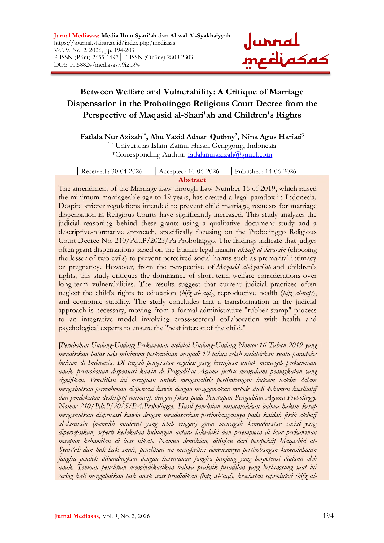 JURIS Between Welfare and Vulnerability A Critique of Marriage Dispensation in the Probolinggo Religious Court Decree from the Perspective of Maqasid al Shari ah and Children s Rights
