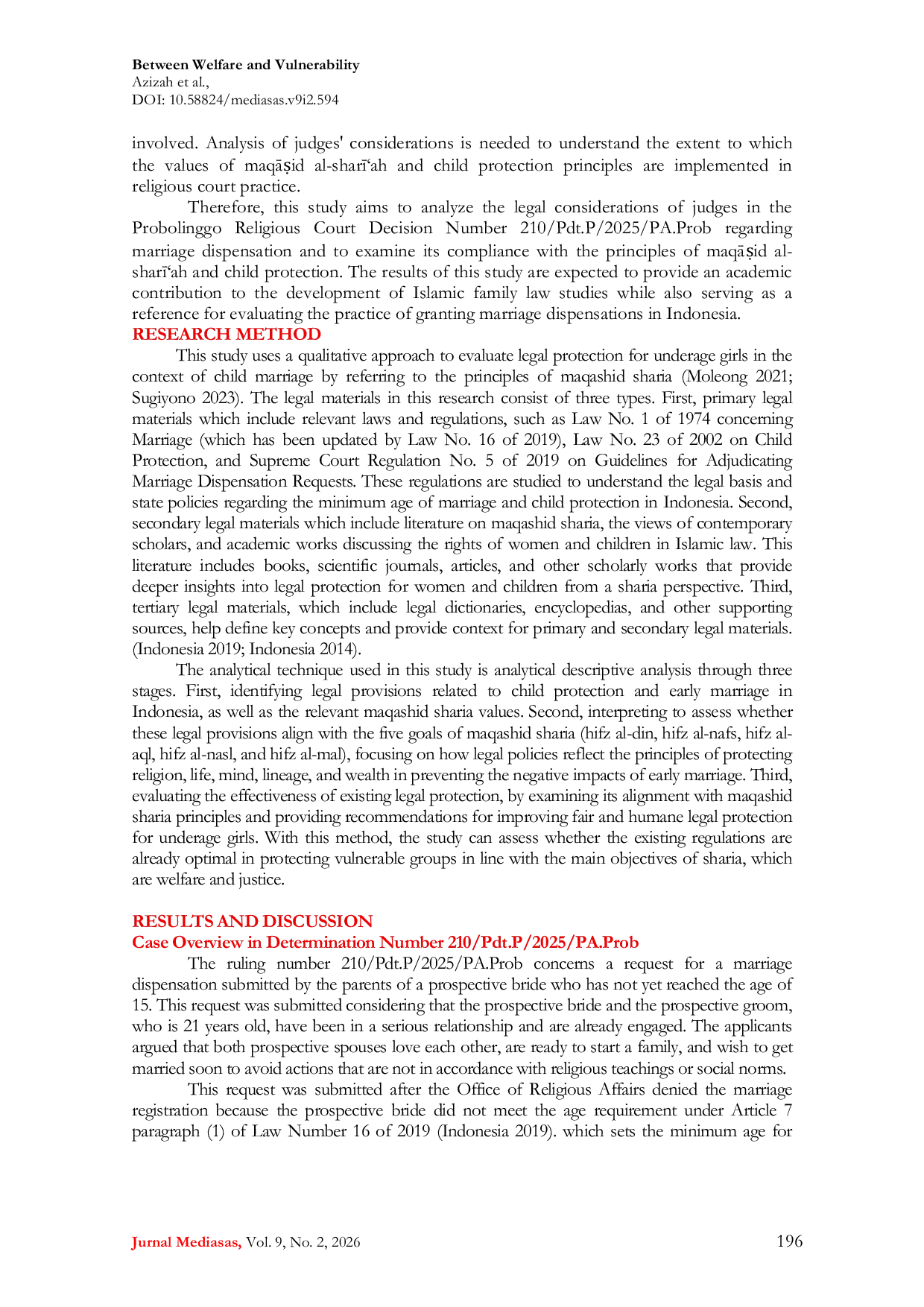 JURIS Between Welfare and Vulnerability A Critique of Marriage Dispensation in the Probolinggo Religious Court Decree from the Perspective of Maqasid al Shari ah and Children s Rights