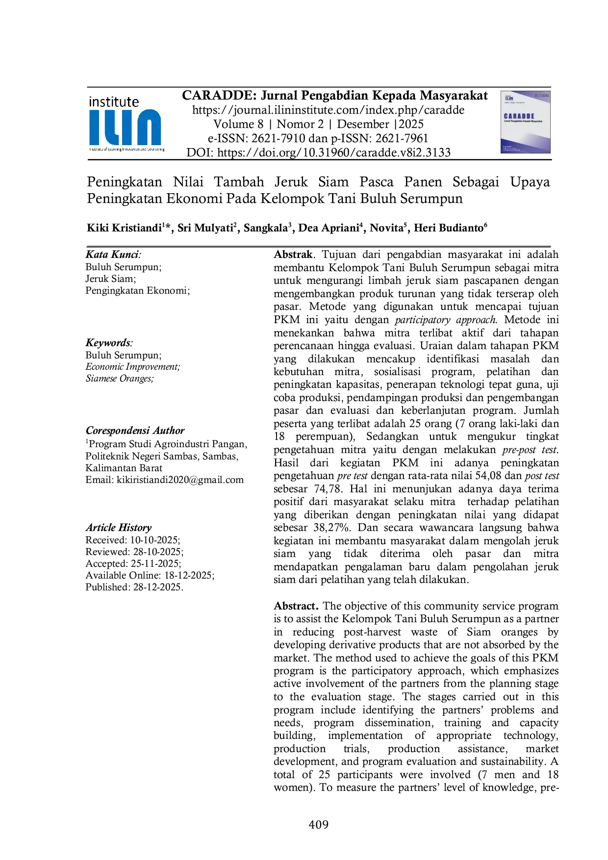 JURIS Peningkatan Nilai Tambah Jeruk Siam Pasca Panen Sebagai Upaya Peningkatan Ekonomi Pada Kelompok Tani Buluh Serumpun