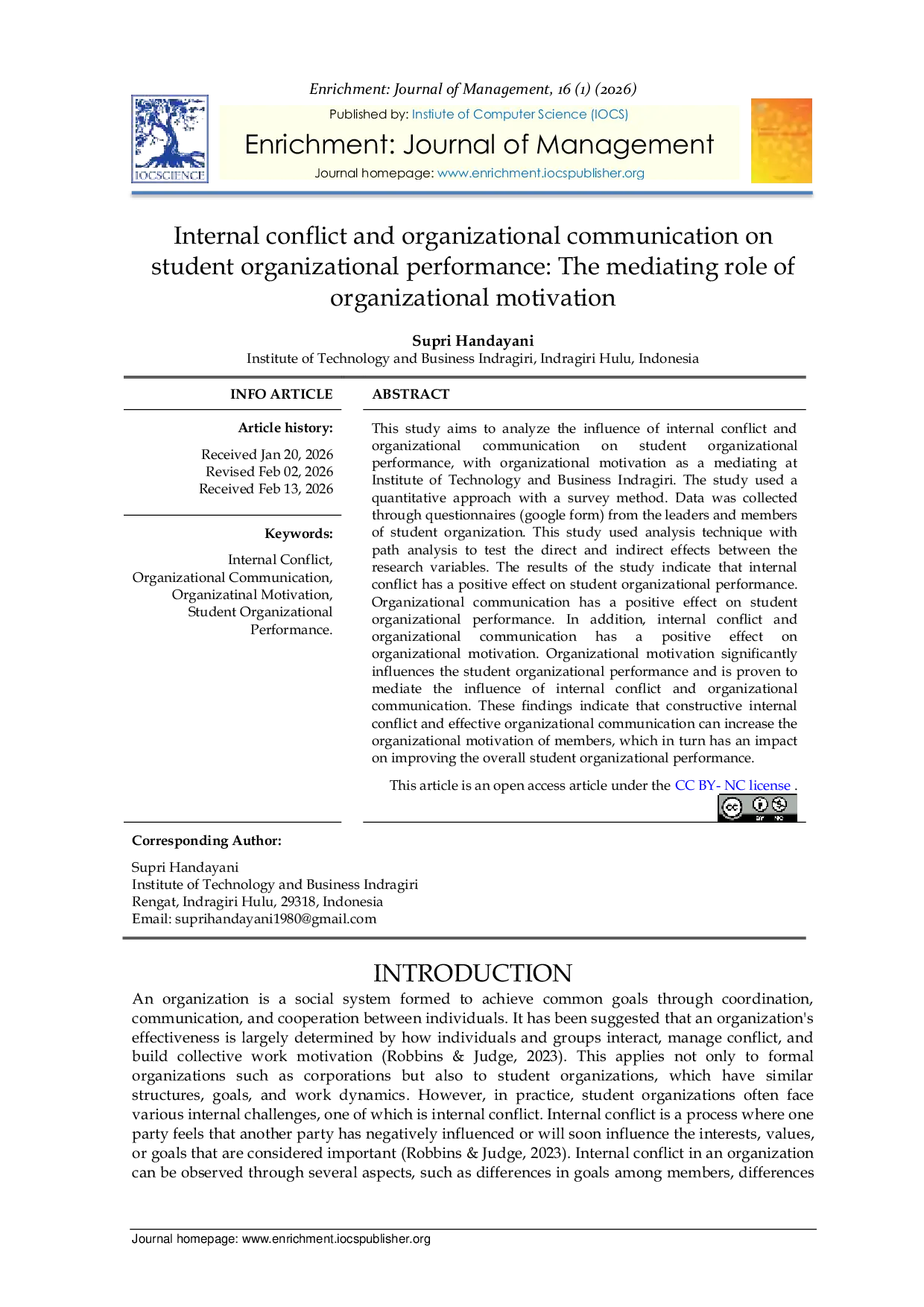 JURIS Internal conflict and organizational communication on student organizational performance The mediating role of organizational motivation