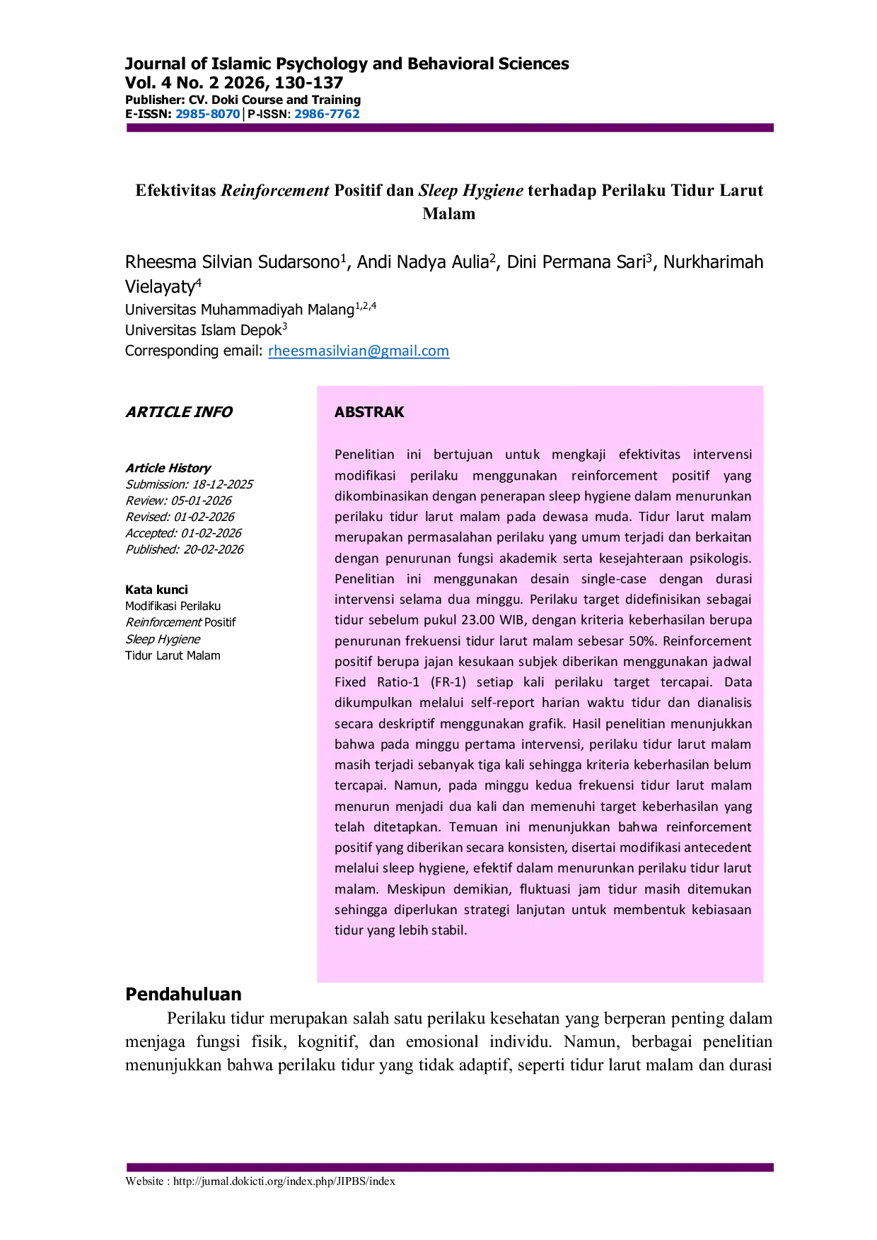 JURIS Efektivitas Reinforcement Positif dan Sleep Hygiene terhadap Perilaku Tidur Larut Malam