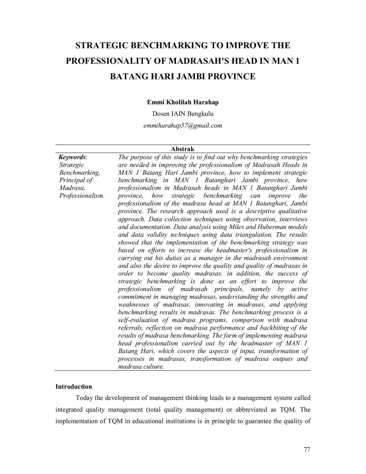 JURIS Strategic Benchmarking to Improve the Professionality of Madrasah s Head in MAN 1 Batang Hari Jambi Province