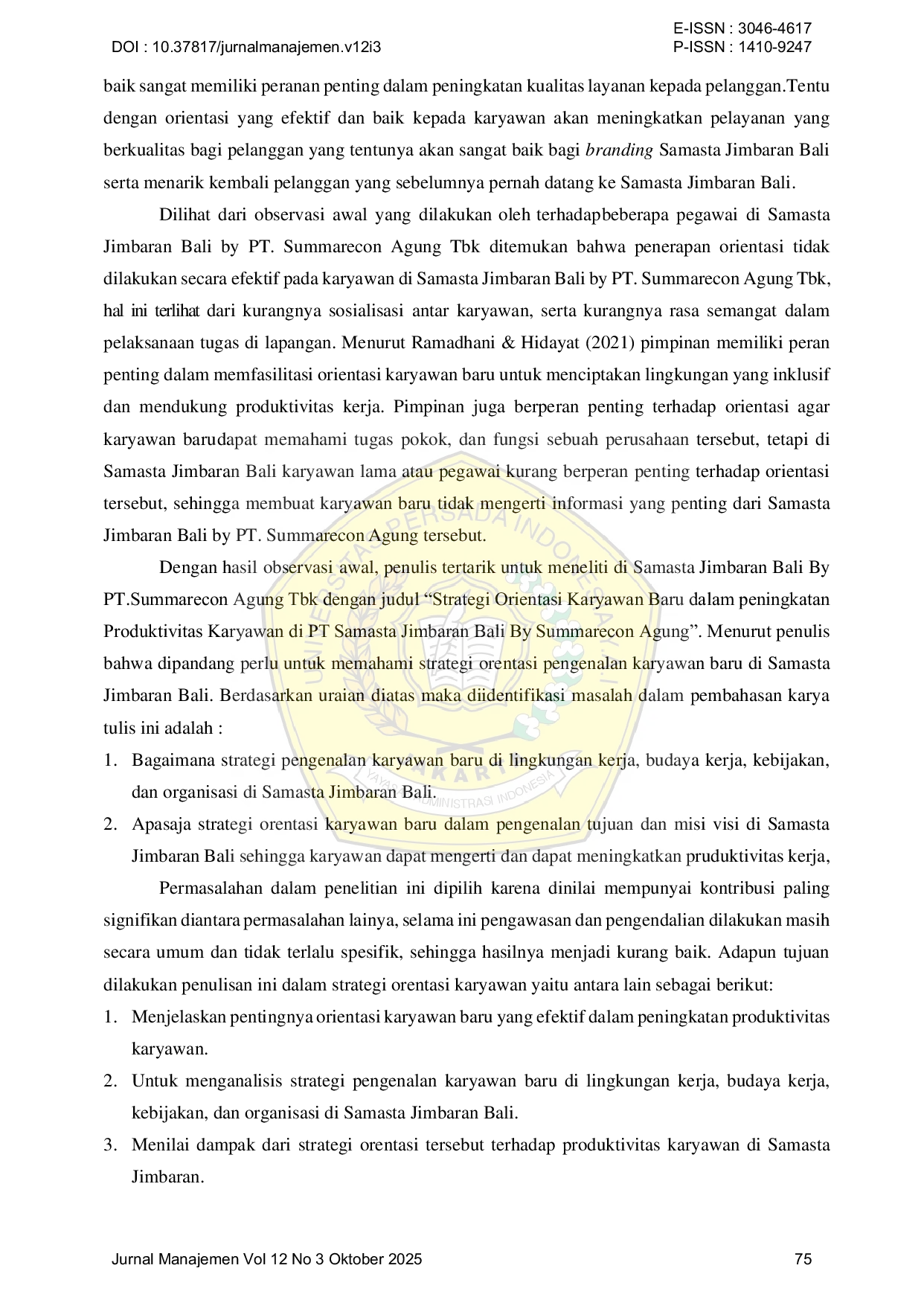 JURIS Strategi Orientasi Karyawan Baru Dalam peningkatan Produktifitas Karyawan di Samasta Jimbaran Bali by Summarecon Agung Tbk