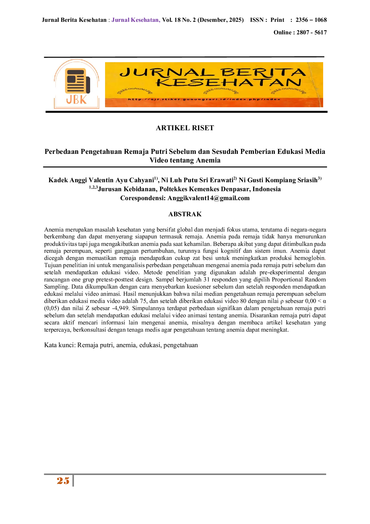 JURIS Perbedaan Pengetahuan Remaja Putri Sebelum dan Sesudah Pemberian Edukasi Media Video tentang Anemia