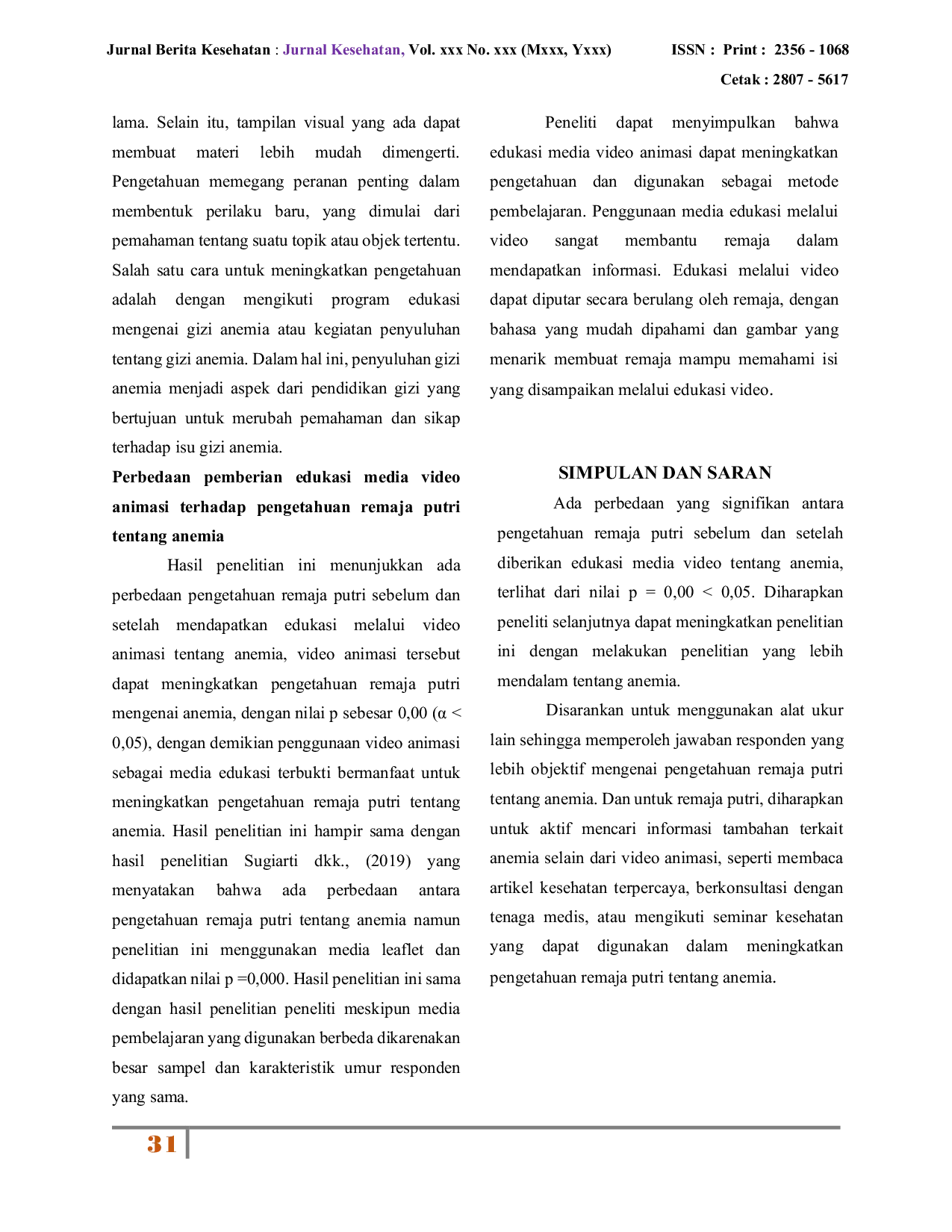 JURIS Perbedaan Pengetahuan Remaja Putri Sebelum dan Sesudah Pemberian Edukasi Media Video tentang Anemia