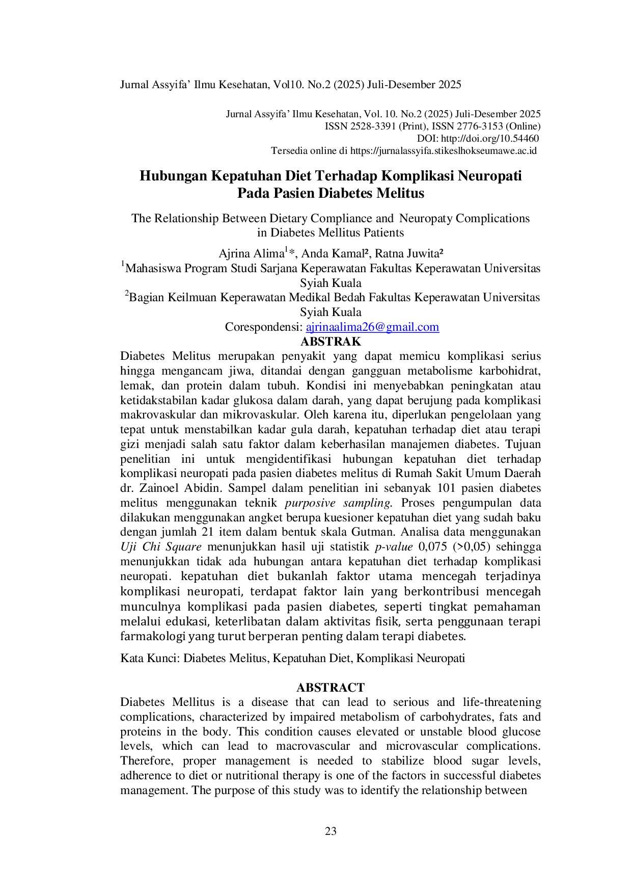 JURIS Hubungan Kepatuhan Diet Terhadap Komplikasi Neuropati Pada Pasien Diabetes Melitus di Rumah Sakit Umum Daerah dr Zainoel Abidin Banda Aceh
