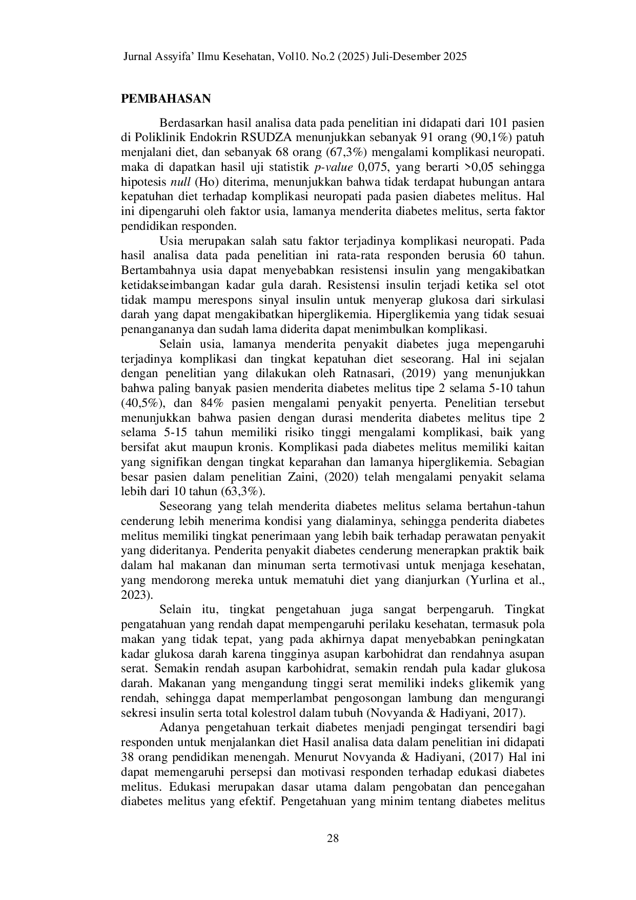 JURIS Hubungan Kepatuhan Diet Terhadap Komplikasi Neuropati Pada Pasien Diabetes Melitus di Rumah Sakit Umum Daerah dr Zainoel Abidin Banda Aceh