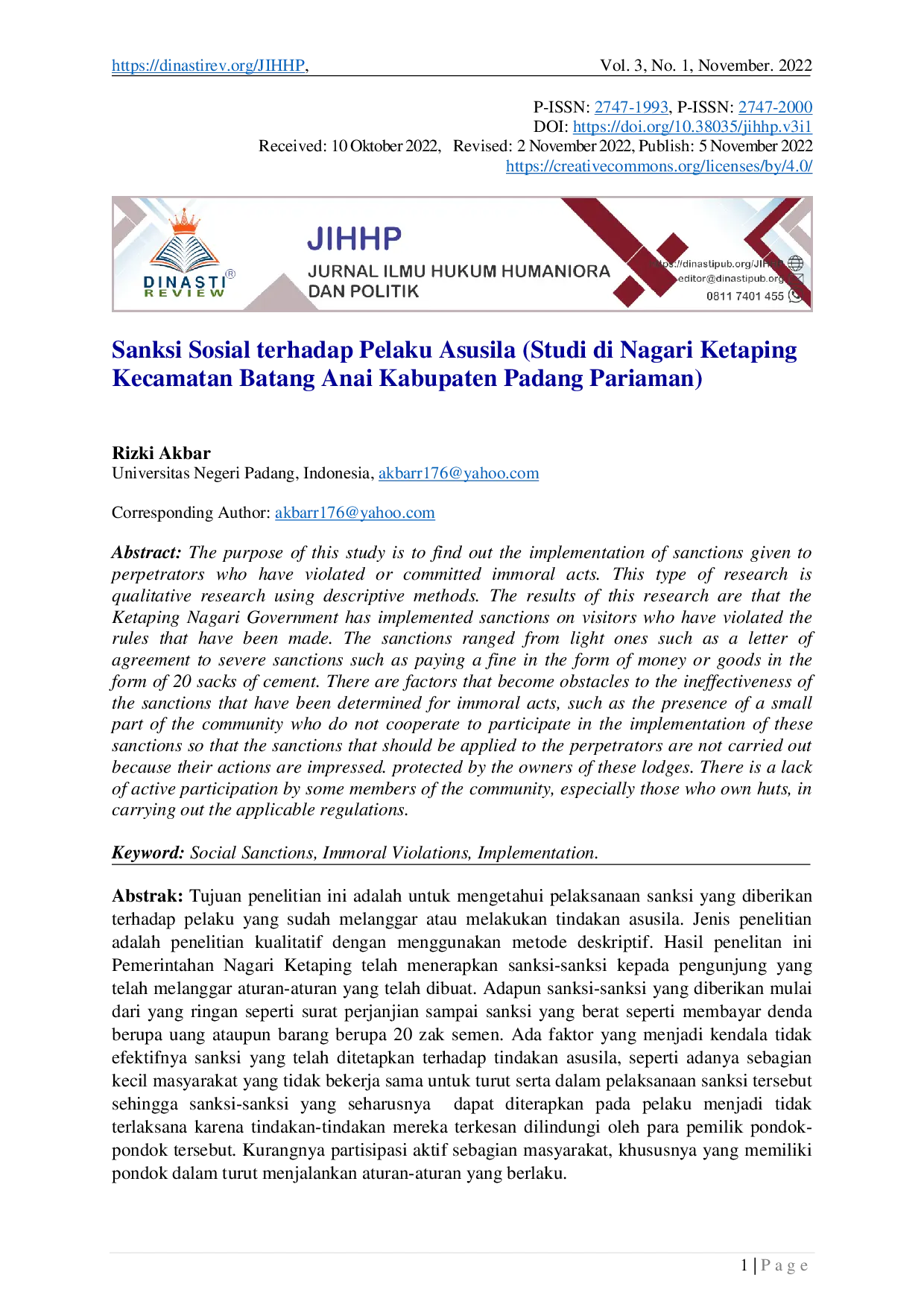 JURIS Sanksi Sosial terhadap Pelaku Asusila Studi di Nagari Ketaping Kecamatan Batang Anai Kabupaten Padang Pariaman