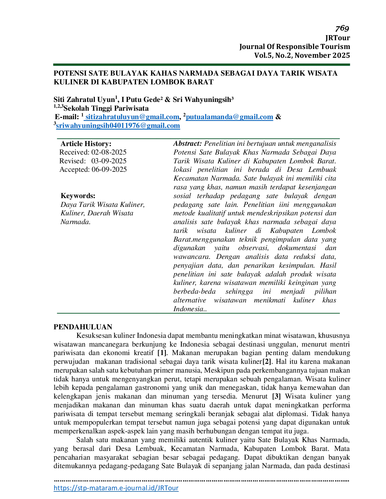 JURIS Potensi Sate Bulayak Khas Narmada Sebagai Daya Tarik Wisata Kuliner Di Kabupaten Lombok Barat