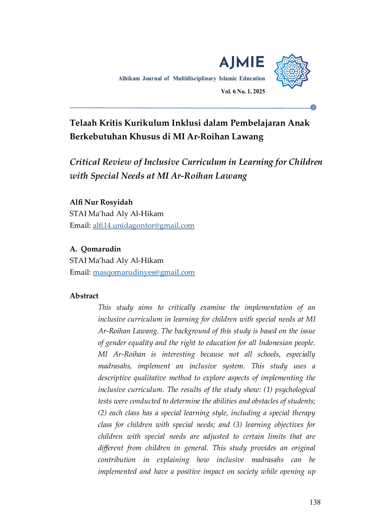 JURIS Telaah Kritis Kurikulum Inklusi dalam Pembelajaran Anak Berkebutuhan Khusus di Madrasah Ibtidaiyah Terpadu Critical Review of Inclusive Curriculum in Learning for Children with Special Needs at Inte
