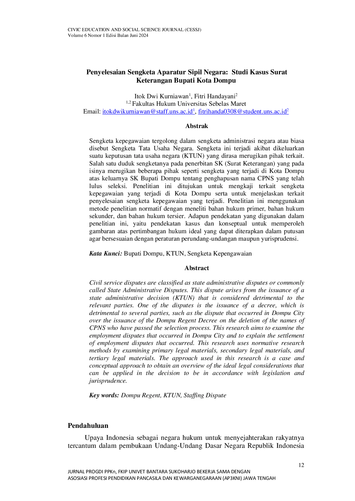 JURIS Penyelesaian Sengketa Aparatur Sipil Negara Studi Kasus Surat Keterangan Bupati Dompu