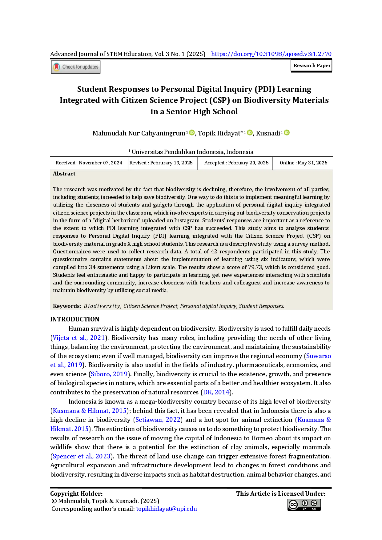 juris Student Responses to Personal Digital Inquiry PDI Learning Integrated with Citizen Science Project CSP on Biodiversity Materials in a Senior High School