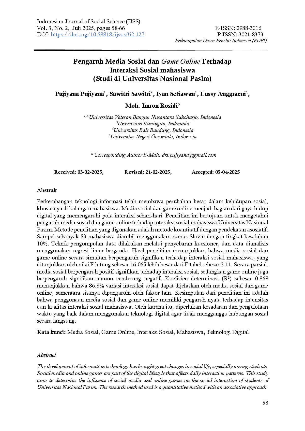 juris Pengaruh Media Sosial dan Game Online Terhadap Interaksi Sosial mahasiswa Studi di Universitas Nasional Pasim