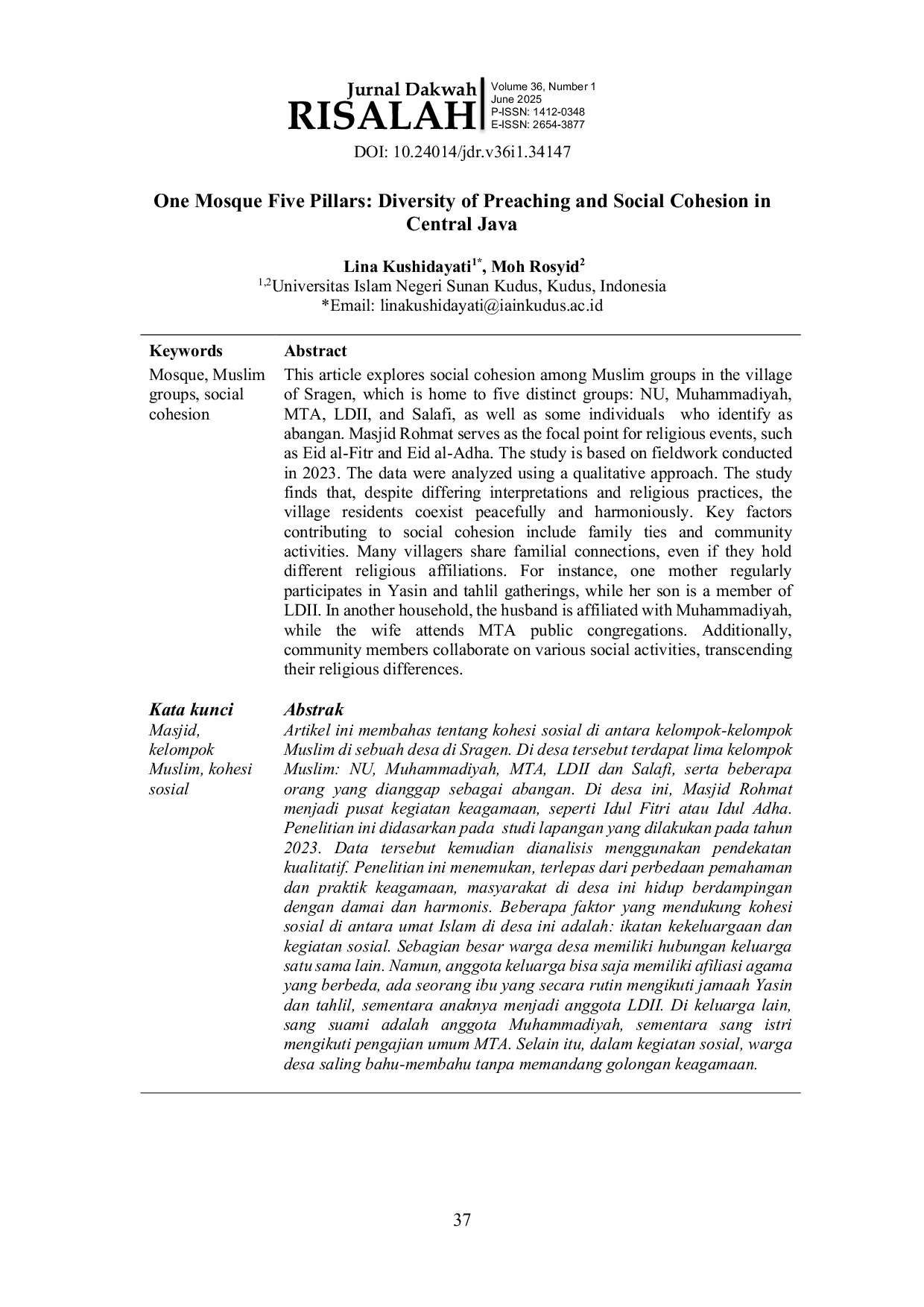 JURIS One Mosque Five Pillars Diversity of Preaching and Social Cohesion in Central Java