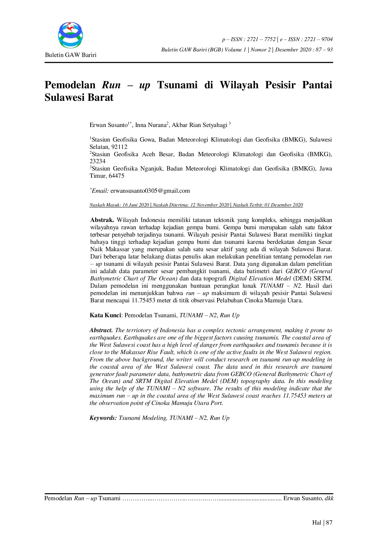 JURIS Pemodelan Run up Tsunami di Wilayah Pesisir Pantai Sulawesi Barat