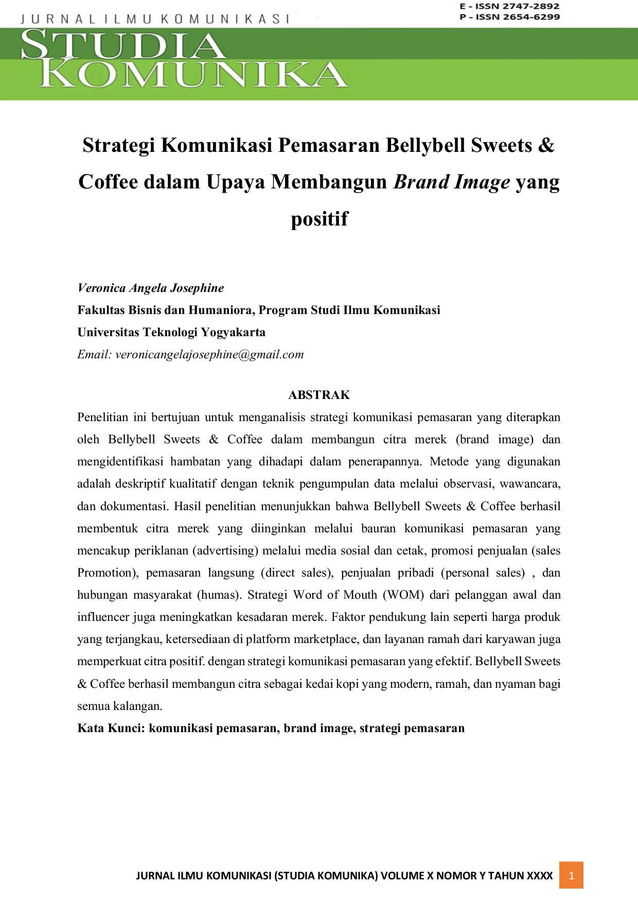 JURIS Strategi Komunikasi Pemasaran Bellybell Sweets Coffee dalam Upaya Membangun Brand Image yang positif