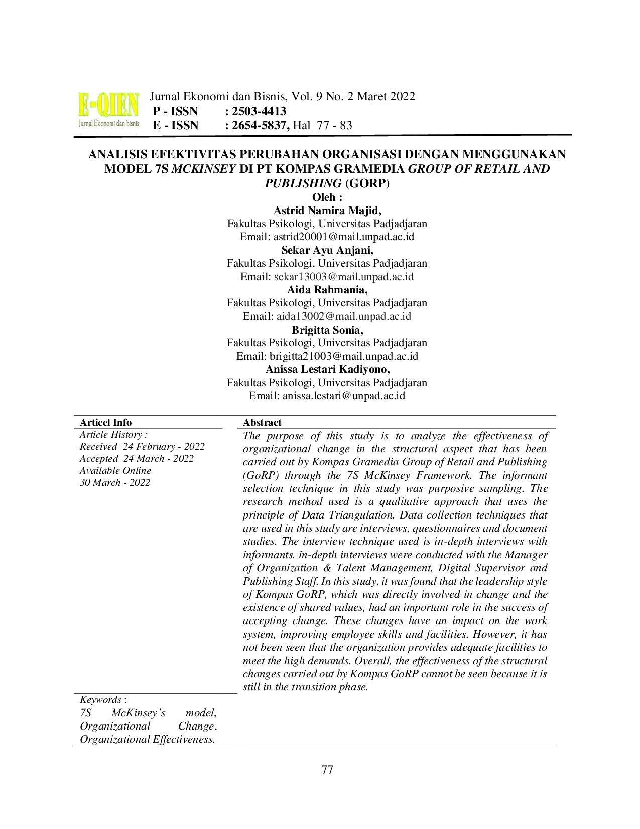 JURIS Analisis Efektivitas Perubahan Organisasi dengan Menggunakan Model 7S McKinsey di PT Kompas Gramedia Group of Retail and Publishing GoRP