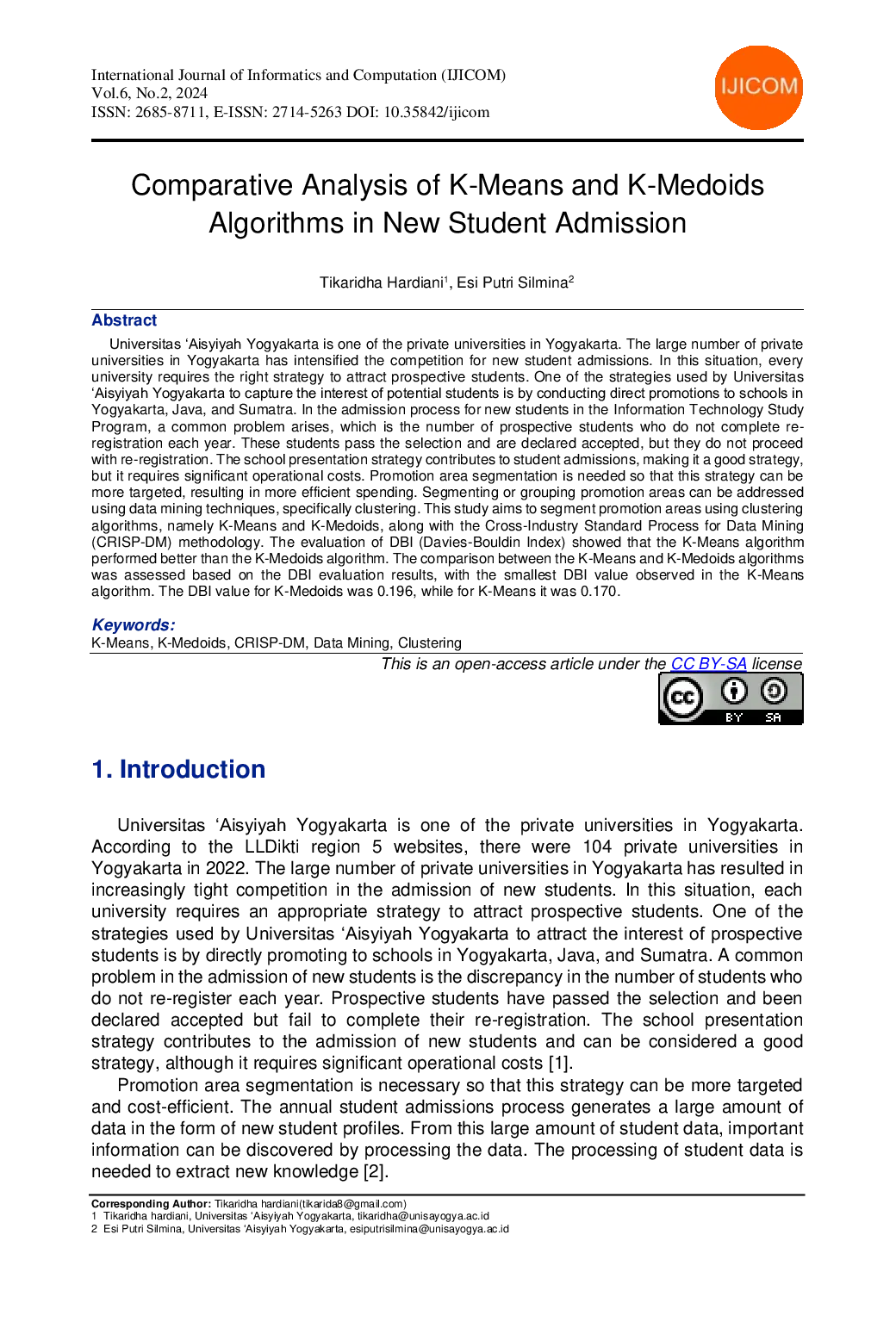 JURIS Comparative Analysis of K Means and K Medoids Algorithms in New Student Admission
