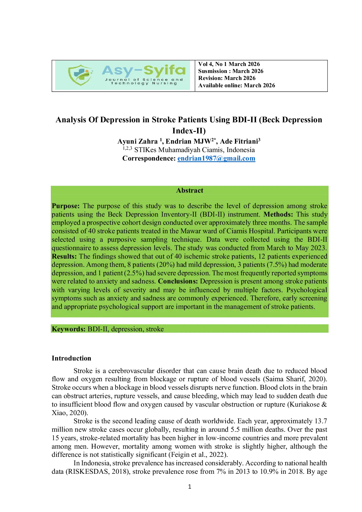 JURIS Analysis Of Depression in Stroke Patients Using BDI II Beck Depression Index II