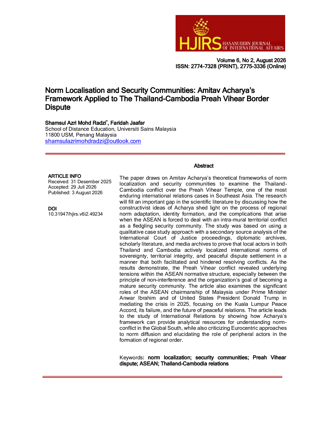JURIS Norm Localisation and Security Communities Amitav Acharya s Framework Applied to The Thailand Cambodia Preah Vihear Border Dispute