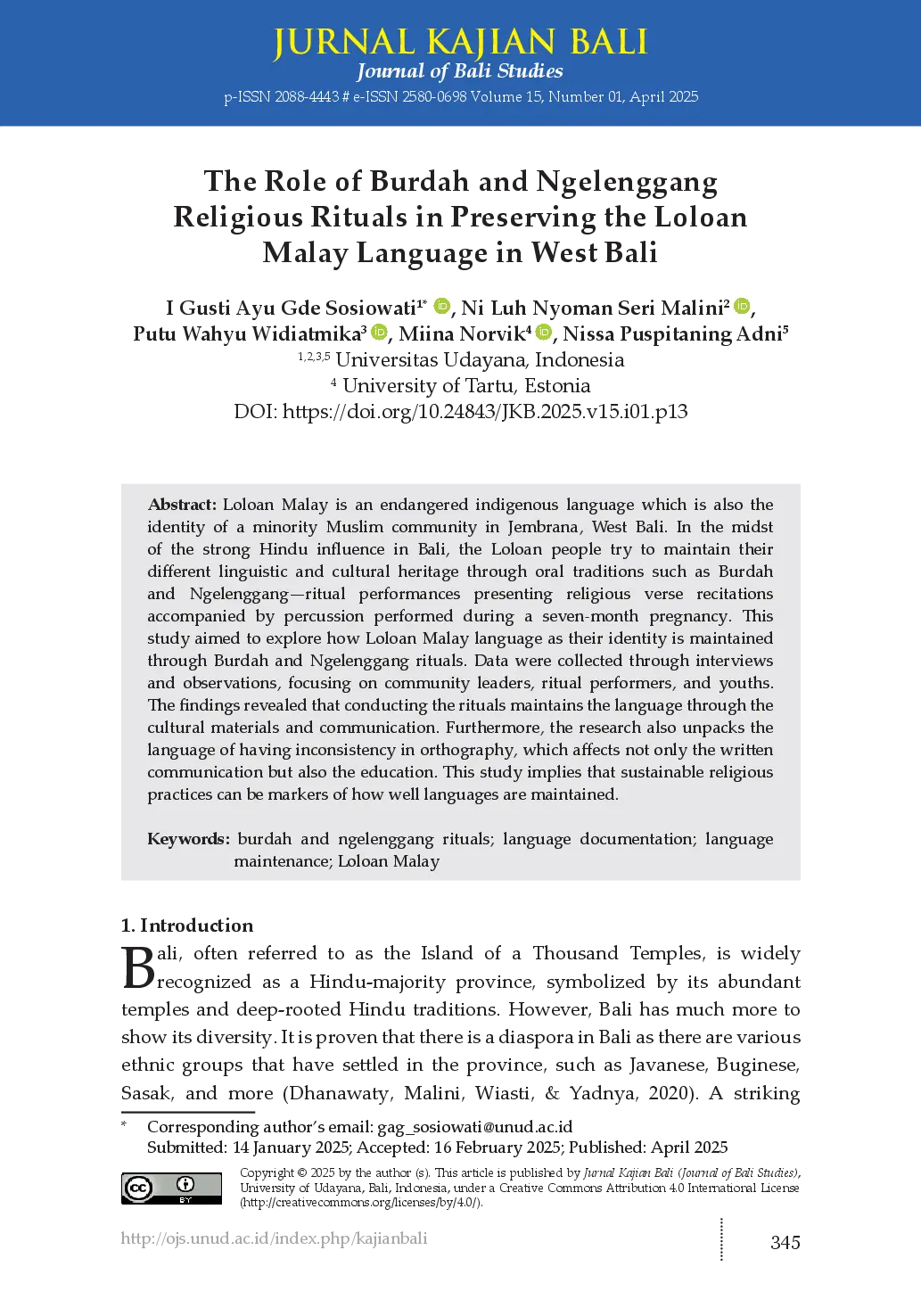 juris The Role Of Burdah And Ngelenggang Religious Rituals In Preserving The Loloan Malay Language In West Bali