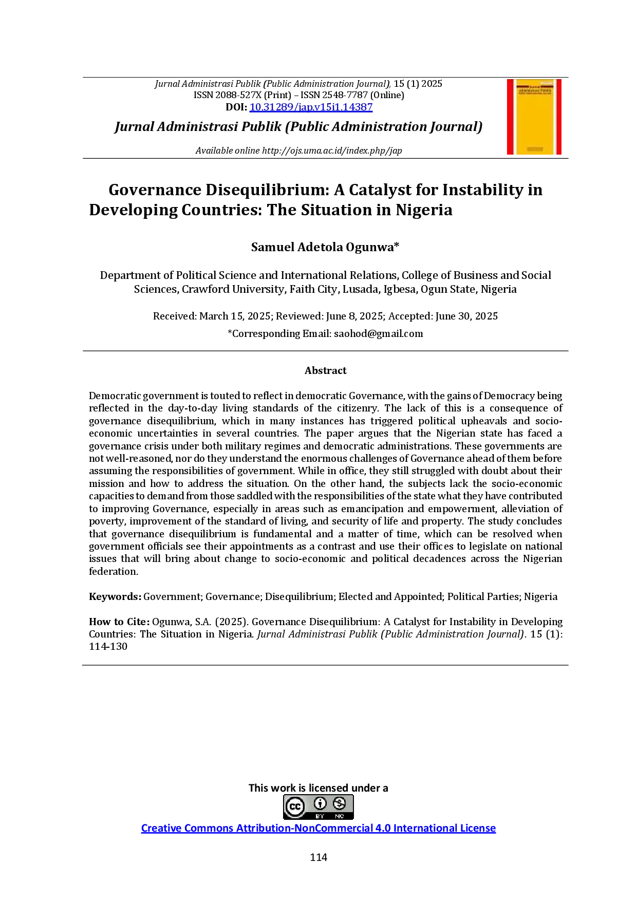 juris Governance Disequilibrium A Catalyst for Instability in Developing Countries The Situation in Nigeria