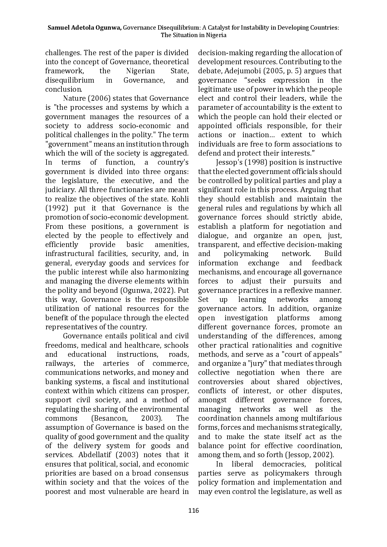 juris Governance Disequilibrium A Catalyst for Instability in Developing Countries The Situation in Nigeria