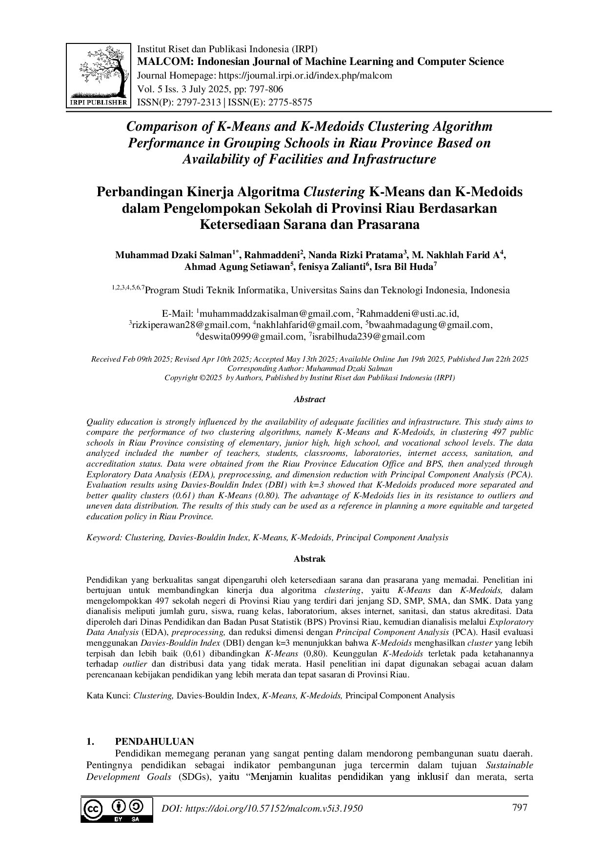 juris Perbandingan Kinerja Algoritma Clustering K Means dan K Medoids dalam Pengelompokan Sekolah di Provinsi Riau Berdasarkan Ketersediaan Sarana dan Prasarana