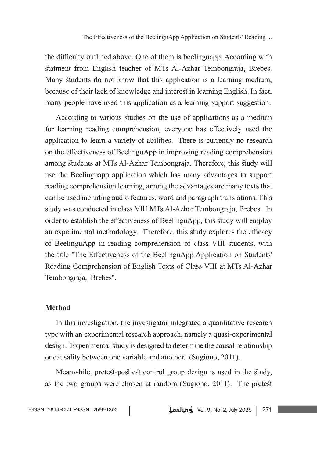JURIS The Effectiveness of the BeelinguApp application on students reading comprehension of english texts in Grade Eight at MTs Al Azhar Tembongraja Brebes teknologi aplikasi beelinguapp
