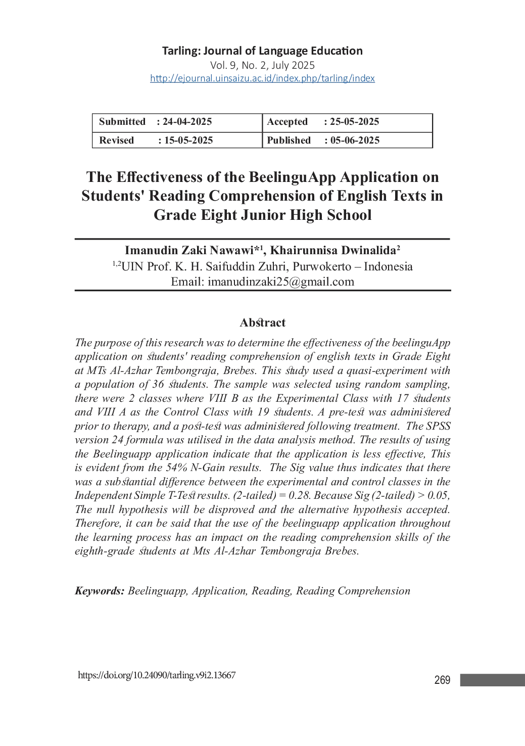 JURIS The Effectiveness of the BeelinguApp application on students reading comprehension of english texts in Grade Eight at MTs Al Azhar Tembongraja Brebes teknologi aplikasi beelinguapp