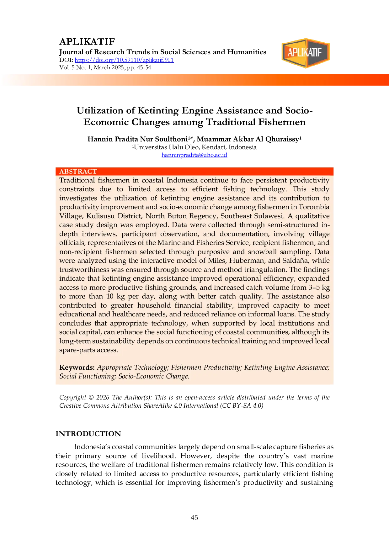 JURIS Utilization of Ketinting Engine Assistance and Socio Economic Changes among Traditional Fishermen