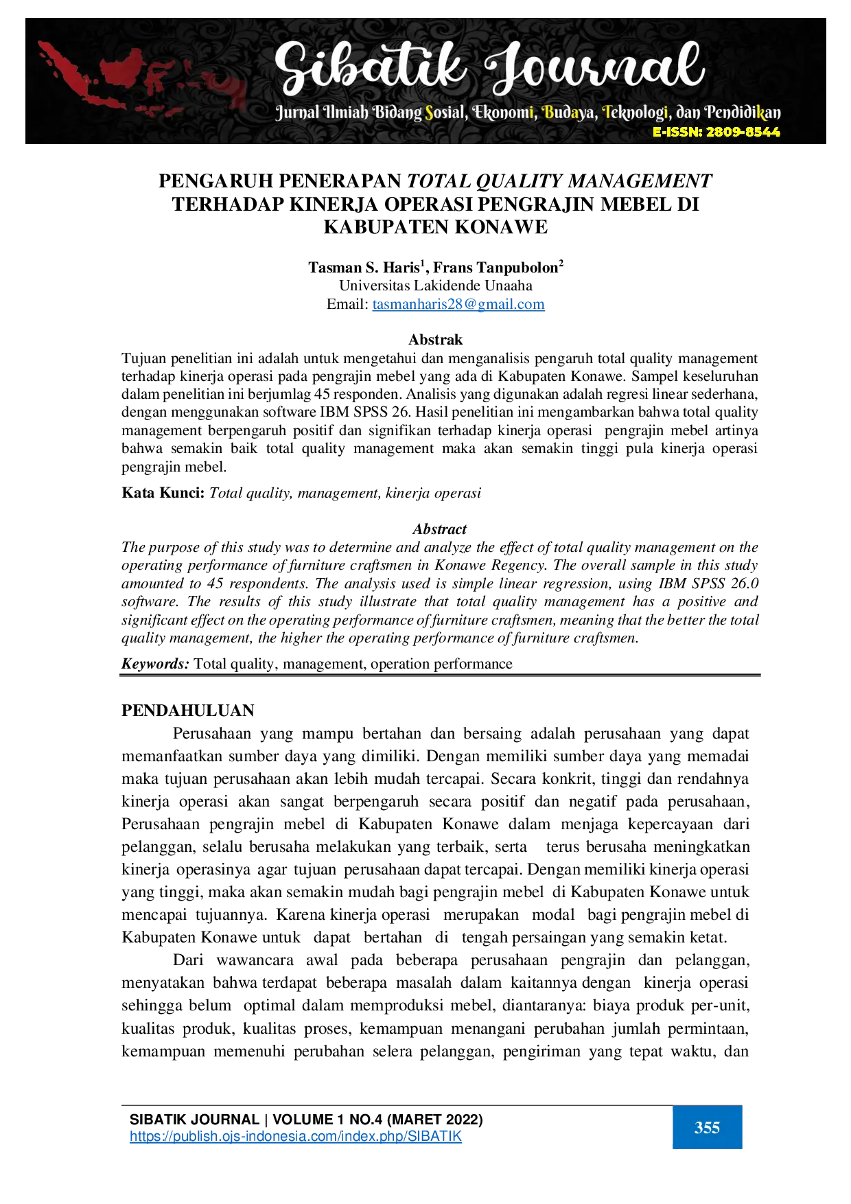 juris Pengaruh Penerapan Total Quality Management Terhadap Kinerja Operasi Pengrajin Mebel Di Kabupaten Konawe