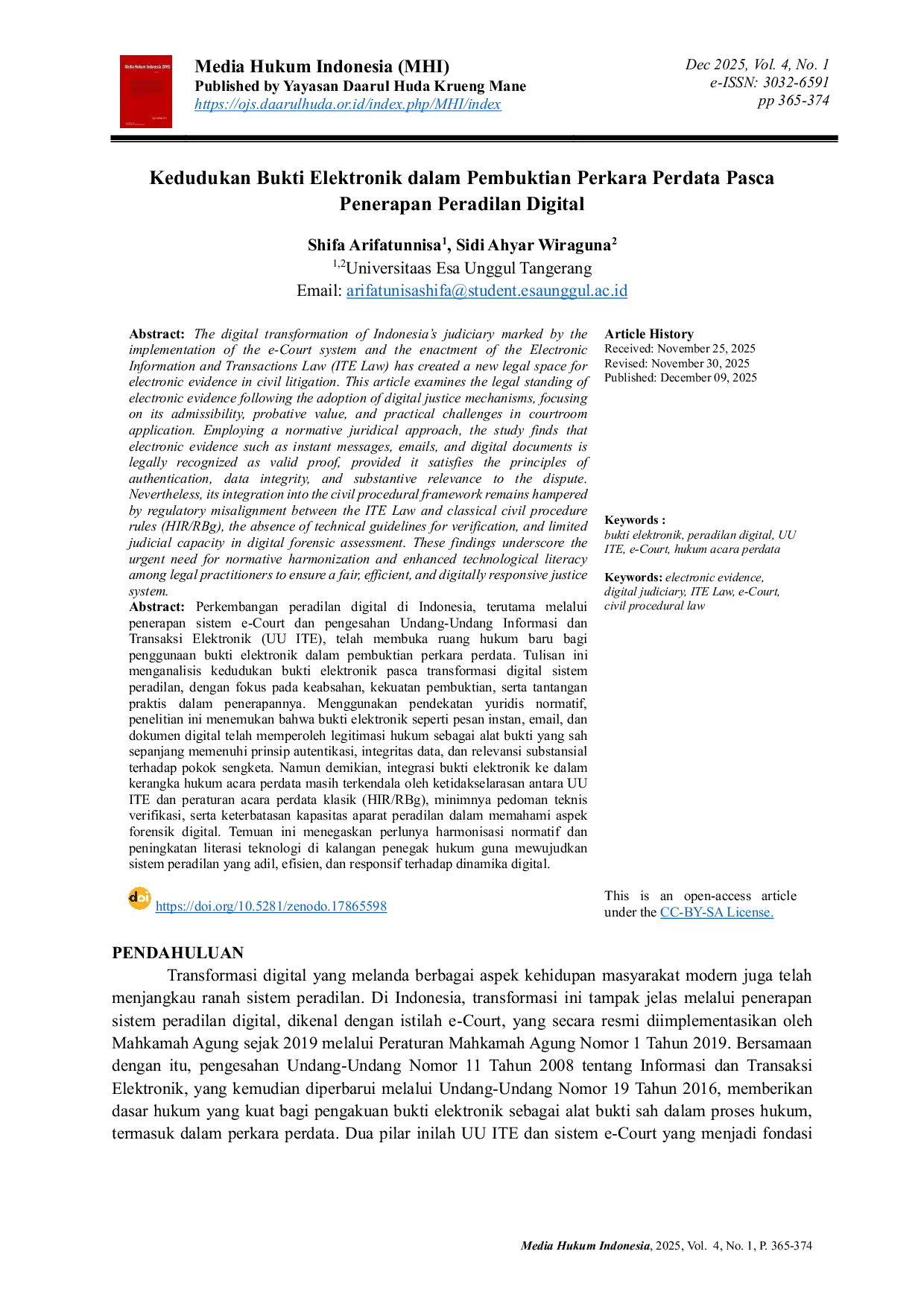 JURIS Kedudukan Bukti Elektronik Dalam Pembuktian Perkara Perdata Pasca Penerapan Peradilan Digital