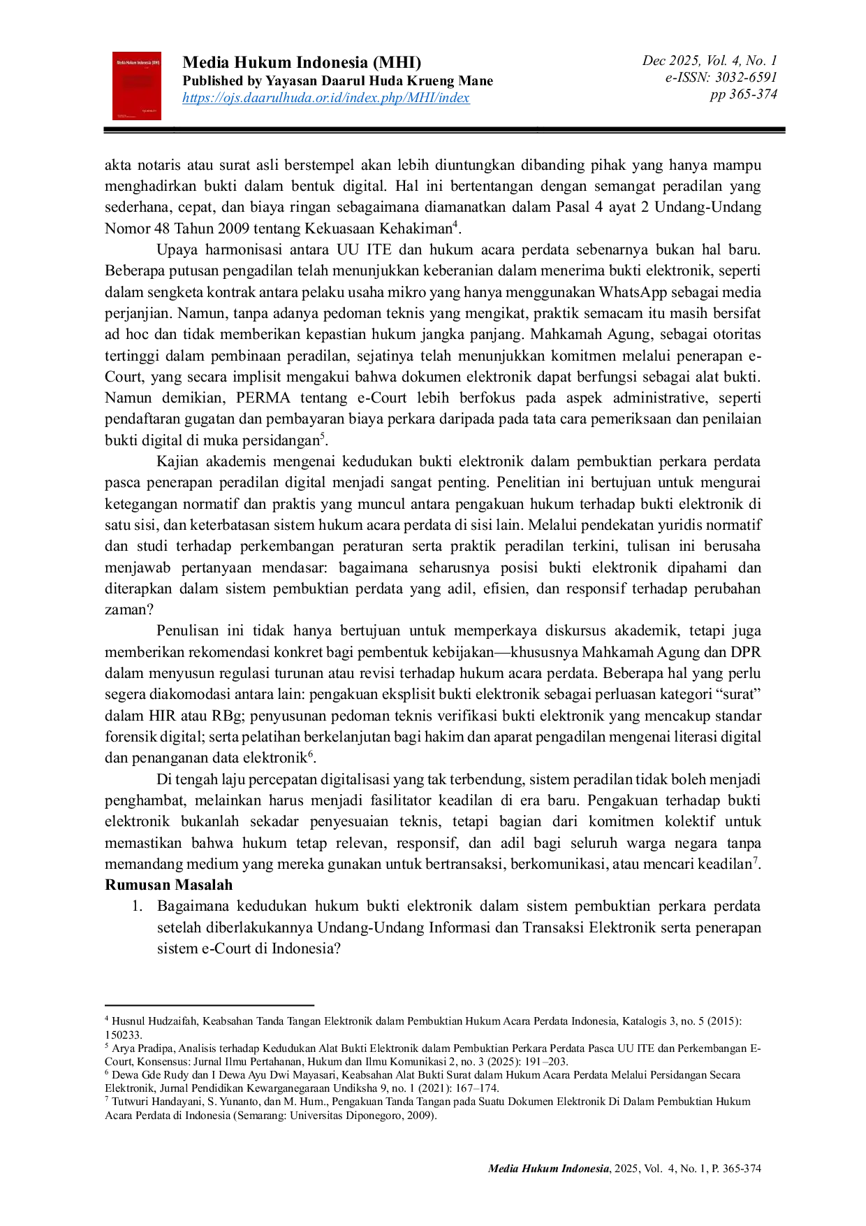 JURIS Kedudukan Bukti Elektronik Dalam Pembuktian Perkara Perdata Pasca Penerapan Peradilan Digital