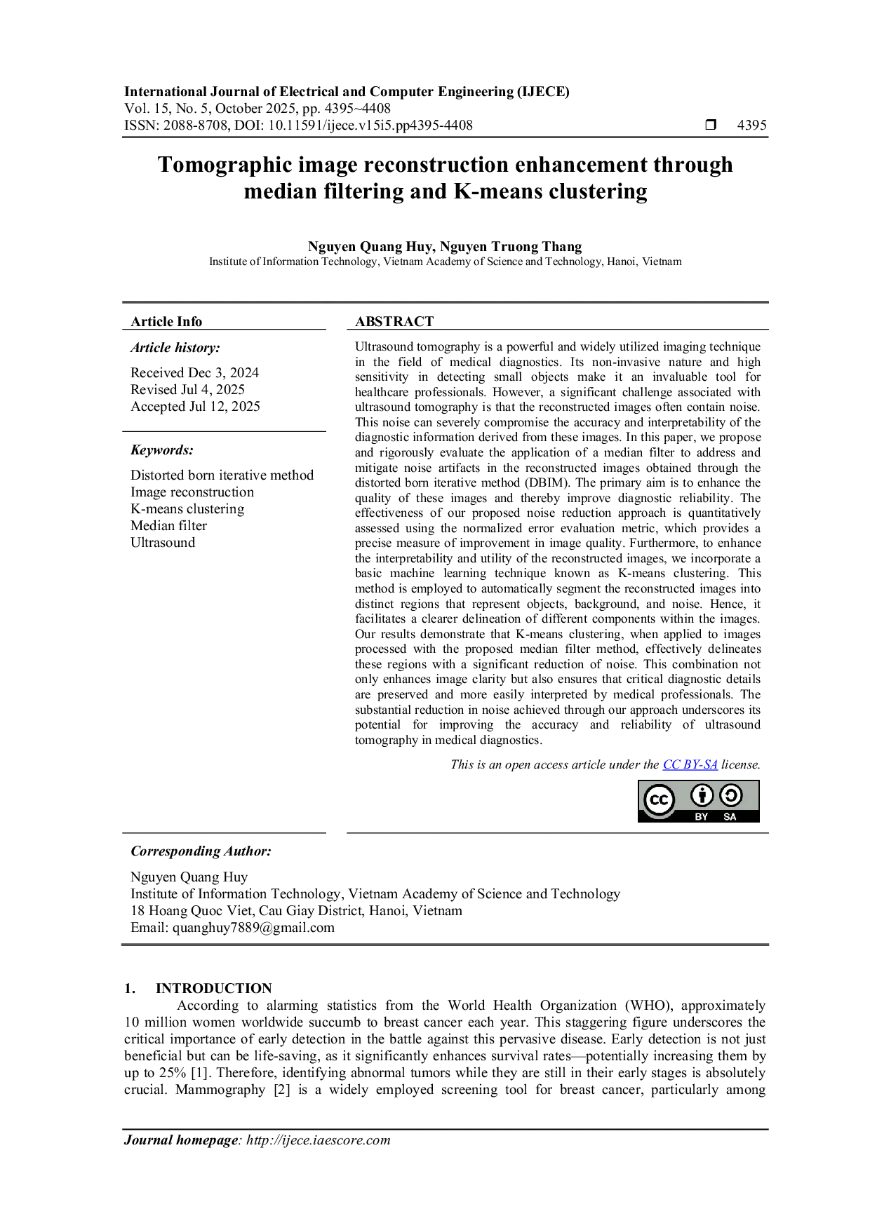 JURIS Tomographic image reconstruction enhancement through median filtering and K means clustering