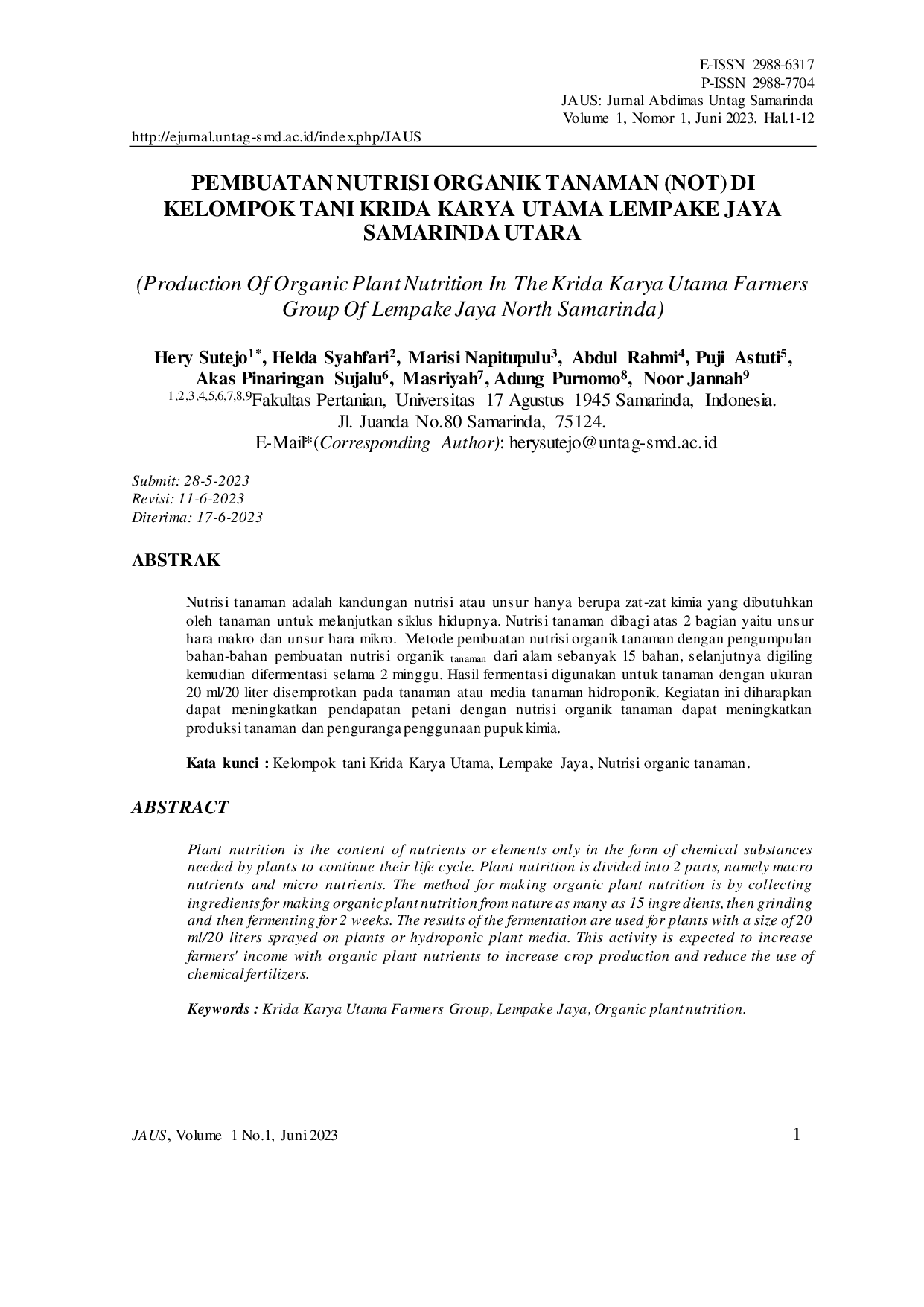 JURIS Pembuatan Nutrisi Organik Tanaman Not Di Kelompok Tani Krida Karya Utama Lempake Jaya Samarinda Utara