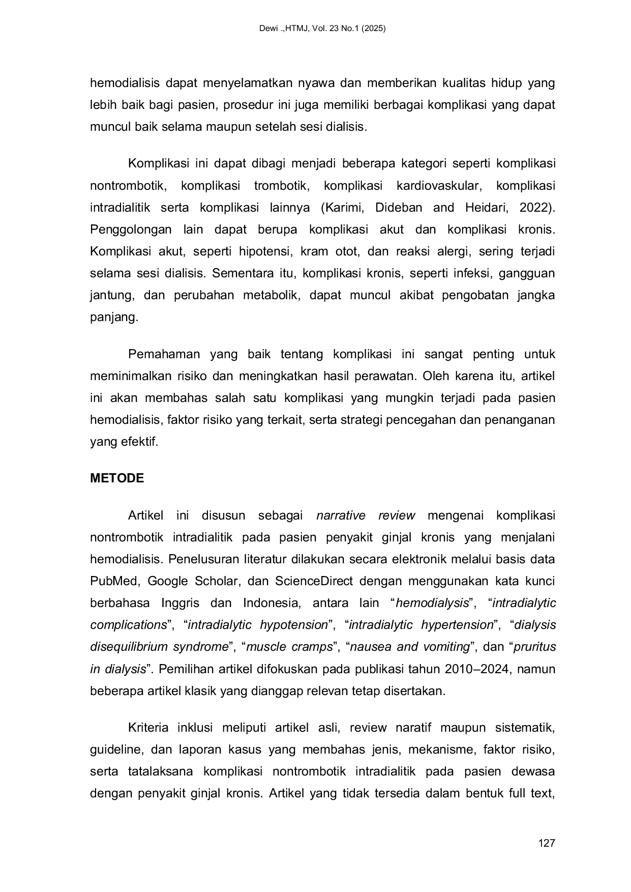 JURIS Manajemen Komplikasi Nontrombotik Intradialitik pada Pasien Penyakit Ginjal Kronis