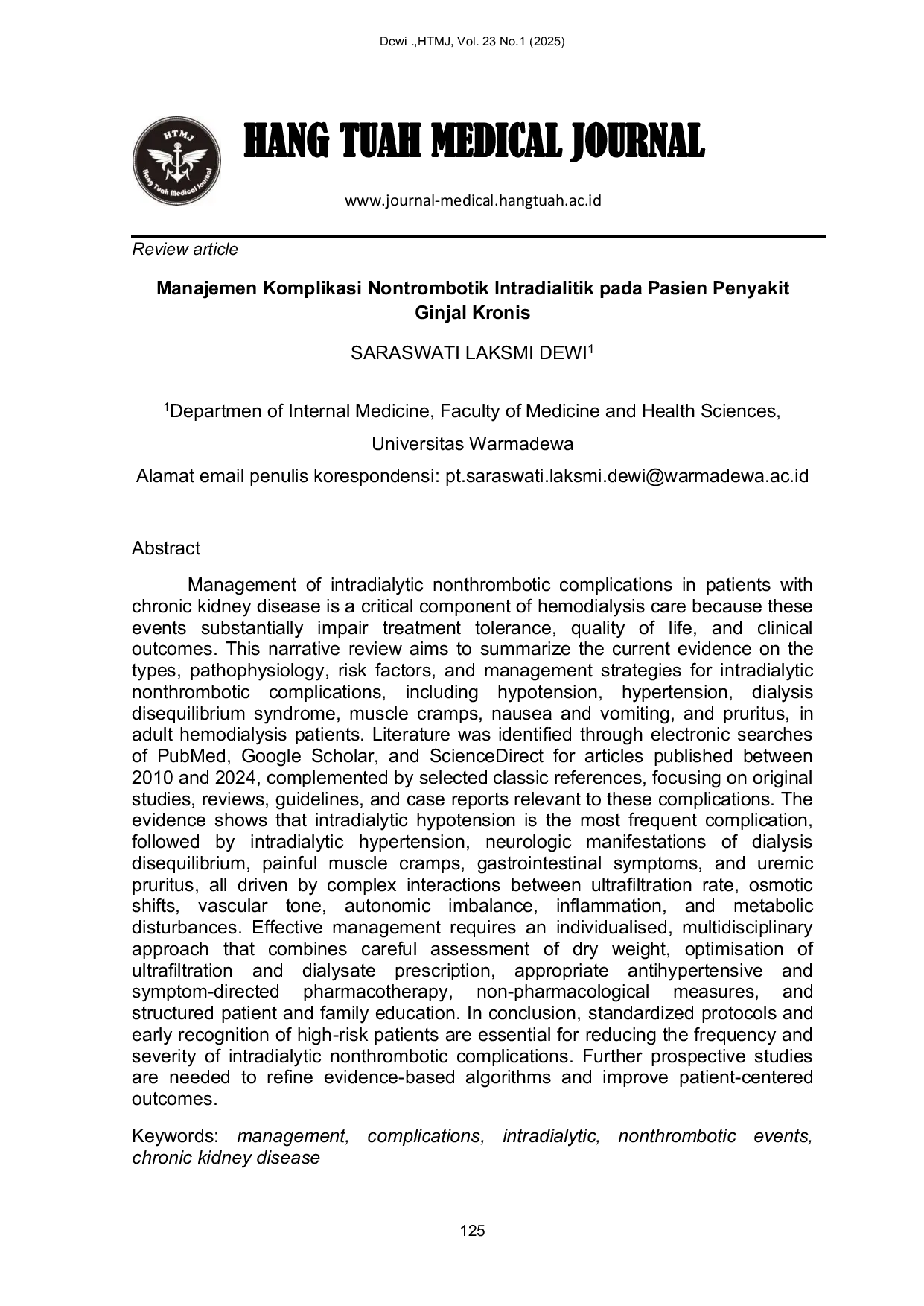 JURIS Manajemen Komplikasi Nontrombotik Intradialitik pada Pasien Penyakit Ginjal Kronis