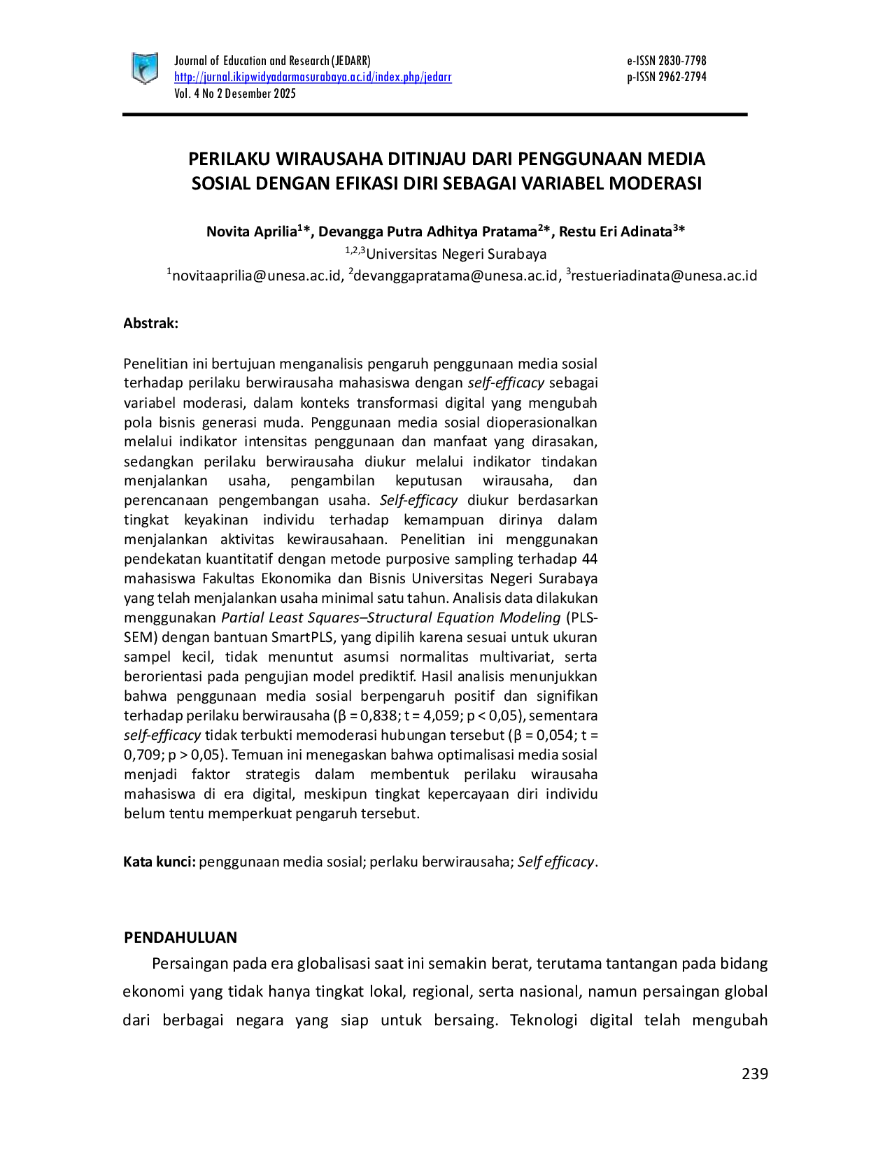 JURIS Perilaku Wirausaha Ditinjau Dari Penggunaan Media Sosial Dengan Efikasi Diri Sebagai Variabel Moderasi